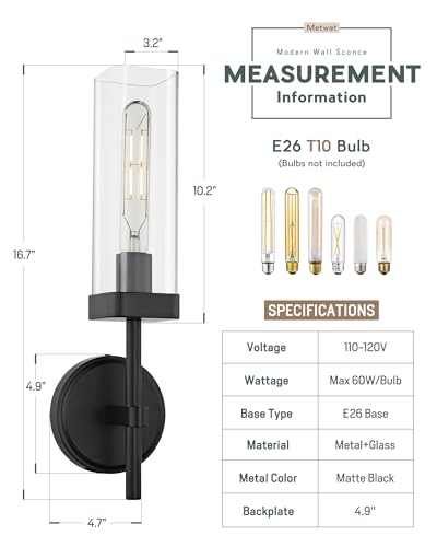 Image of Modern Wall Sconces Set of 2, Matte Black Bathroom Vanity Sconces with Square Clear Glass Shade, Wall Mount Lights for Mirror Bedroom Hallway, Upward Lighting Only, E26 Base, VL262-MB-2PK