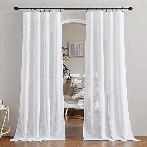 Nicetown White Sheer Linen Curtains For Living Room, Rod Pocket & Back Tab Sweep To Floor Window Treatments Semi Sheer Drapes Privacy For Patio Door/Hall, 2 Panels, W52 X L95 #TOP2
