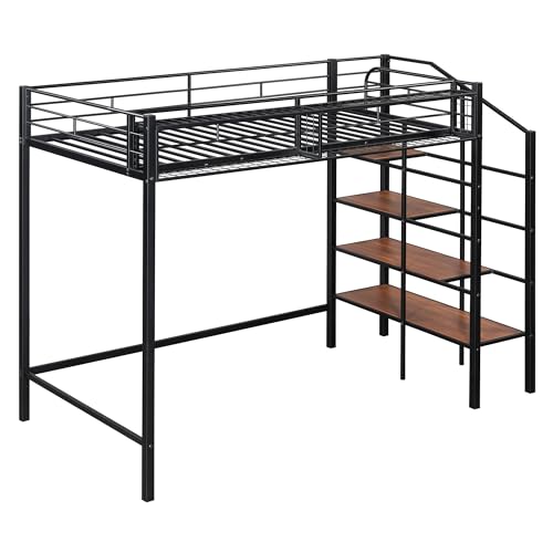 Image of Bellemave Twin Size loft Bed with Storage Stairs and Upper Grid Storage Shelf, Metal Twin Loft Bed Frame for Adults, Kids, Teens, Black