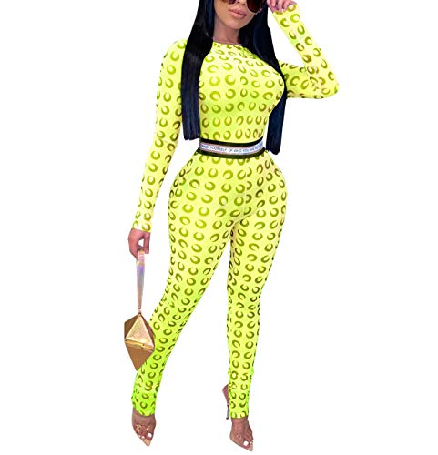 Remelon Womens One Piece Bodysuit Jumpsuits Sexy Long Sleeve Sheer Mesh Skinny Pants Romper Clubwear Outfits Yellow