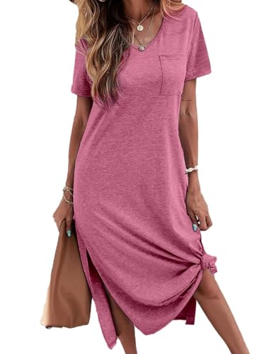 Image of Dyexces Women Summer T Shirt Dress Casual Short Sleeve V Neck Maxi Dresses Loose Side Slit Long Tshirt Dress with Pockets