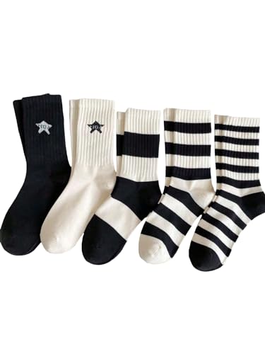 Image of Verdusa Women's 5 Pairs Striped Crew Socks Casual Athletic Socks Black and White 36-39
