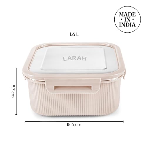 Image of Larah by BOROSIL Freshbyte Food Storage Container with Airtight Stainless Steel Lid | Fridge Container for Lunchbox | Food Grade | Microwave Safe (Beige, 1600 ml, Square)