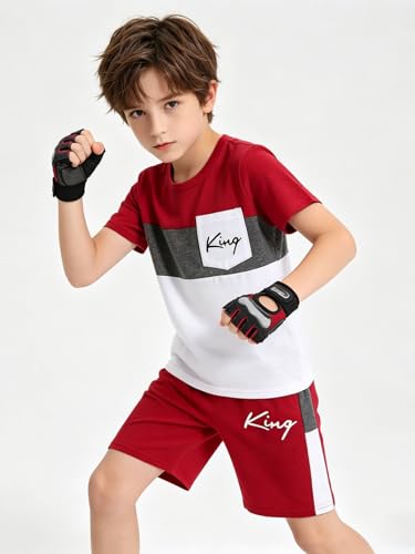 Image of Size 6-12 Years Boys Summer Outfits Set Kids Short Sleeve Top T-Shirt & Shorts Color Block Clothing Sets