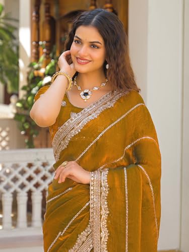 Image of Satrani Women's Shimmer Chiffon Scalloped Border Sequins Embroidery Saree with Unstitched Blouse Piece