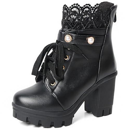 Image of MEOTINA Women Platform Boots Black Chunky Heel Ankle Booties Lace Buckle Combat Boots with Zipper High Heel Goth Shoes