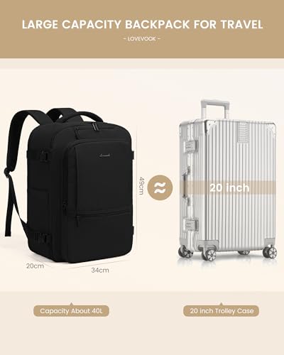 LOVEVOOK Handgepäck Rucksack Flugzeug, 40L Groß Reiserucksack Herren Damen Laptop Rucksack 17 Zoll, Wasserdicht Travel Backpack Carry On Luggage, Business Cabin Bag für Reise Arbeit Urlaub, Schwarz