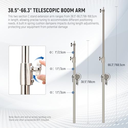 Image of NEEWER Heavy Duty Stainless Steel Extension Boom Arm 17.6lb Load Capacity for C Stand and Light Stand, 38.6-66.3 inch /98-168.5cm Crossbar Holding Arm with Sandbag for Strobe /Softbox /LED Video Light, DS021