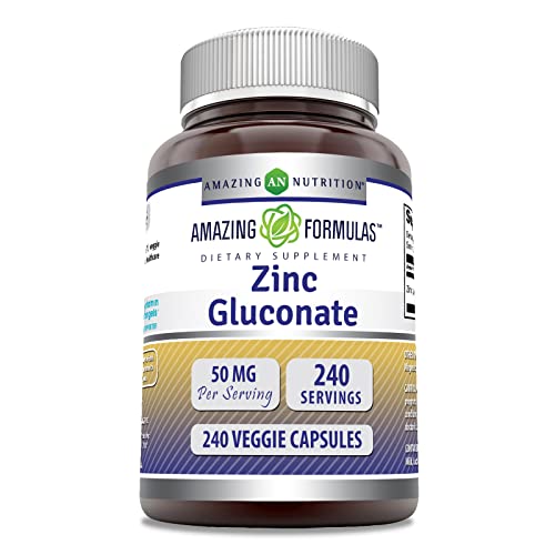 Amazing Formulas Zinc Gluconate Mineral Supplement | 50 Mg per Serving | Vegetarian Capsules | Non-GMO | Gluten-Free | Made in USA (1 Pack | 240 Count)
