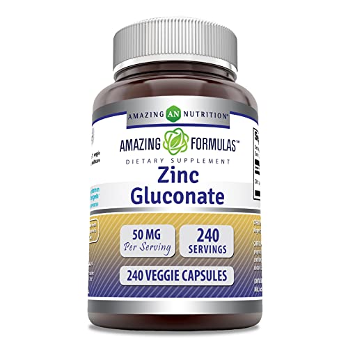 Amazing Formulas Zinc Gluconate Supplement | 50 Mg Per Serving | 240 Veggie Capsules | Non-GMO | Gluten Free | Made in USA