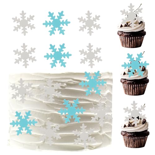 Arthsdite 50Pcs Edible Snowflakes Cupcake Toppers Wafer Paper Snowflake Cake Decoration for Christmas Winter Frozen Theme Party Supplies - Bule&White
