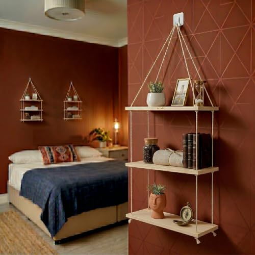 Image of No-Drill 3-Tier Wall Hanging Shelf | Elegant Boho Wall Decor for Plants and Home Decoration, Living Room, Bedroom & Balcony | Handwoven Art Piece
