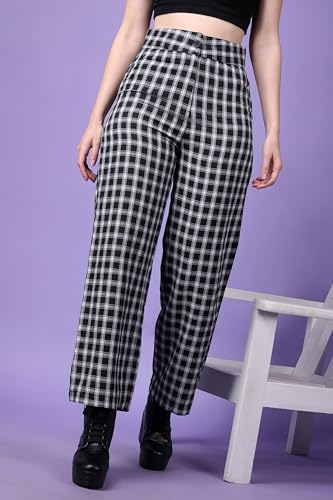 Image of POPWINGS Casual Check Print Button and Zip Closure Trouser for Women | Western Wide-Leg Trouser for Women | Summer Trousers for Women | Comfortable Semi-Formal Work Trouser for Women