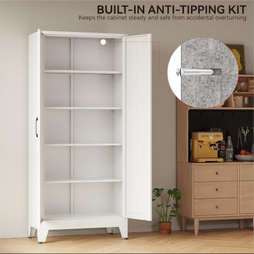 Image of COFaR 71 inch White Pantry Cabinet with Vertical-Groove Doors and Shelves