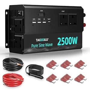 Pure Sine Wave Power Inverter 2500w DC 12V to AC 240V Voltage Converter with 4 AC Outlets, 2 USB, 1 QC, 1 Type-C, and digital display, for Motorhomes, Trucks, Boats, Cam... Peak Power