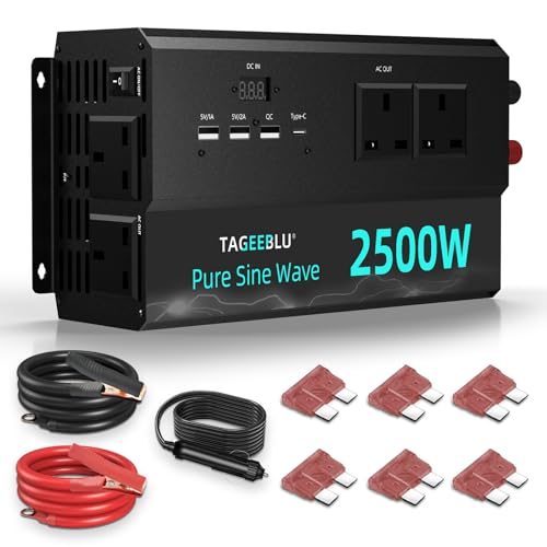Pure Sine Wave Power Inverter 2500w DC 12V to AC 240V Voltage Converter with 4 AC Outlets, 2 USB, 1 QC, 1 Type-C, and digital display, for Motorhomes, Trucks, Boats, Cam... Peak Power