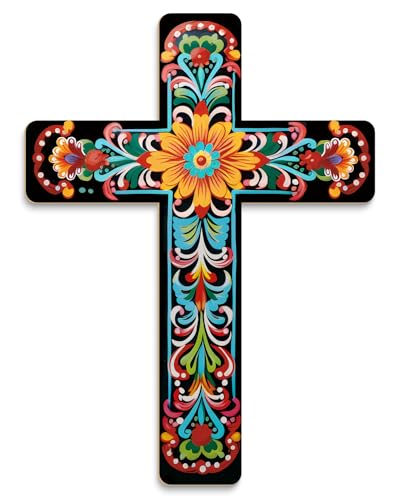 Putuo Decor Floral Cross Wall Decor Hand Painted Decorative Wooden Inspirational Cross Spanish Style Wall Cross Decor Mexican Art Wall Decor Crucifix for Home Room Church Decoration