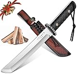 Moontay Fixed Blade Tanto Knife - Japanese Hunting Knife with Sheath, Full Tang Survival Knives with Wood Handle for Camping, Hiking, Adventures, Fishing, BBQ, Christmas Gifts for Men