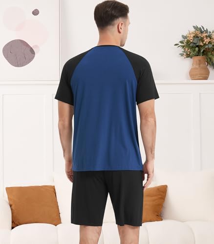 Image of NACHILA Pajamas Set for Men-Viscose Made from Bamboo,Short Sleeve Sleepwear Soft Pjs with Shorts Cool Loungewear Dark blue /Black M