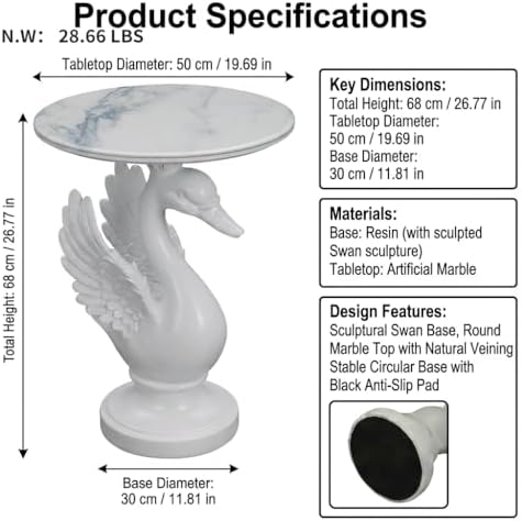 White Swan Side Table - Elegant Faux Marble Accent