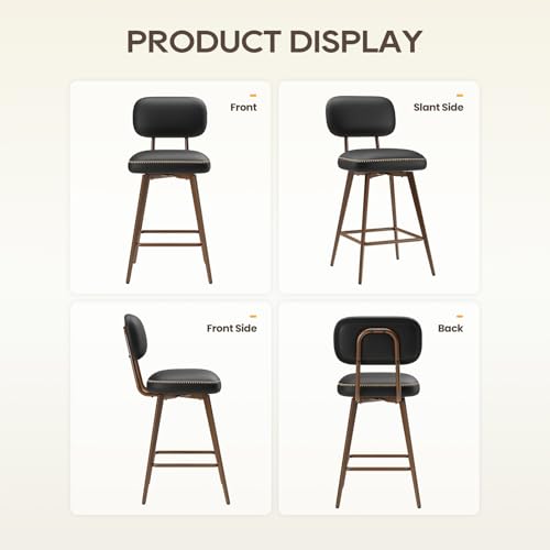 Image of MALOL 26 inch PU Leather Swivel Bar Stools Set of 3, Mid Century Counter Height Bar Chairs with Low Back and Metal Legs, Modern Bar Stool Chair for Kitchen Island, Black
