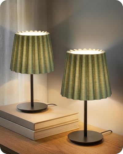 GOEBLESON Bedside Lamps Set of 2, with Linen Shade and Weighted Base, Table Lamps, 3 Color Temp Dimmable, E27 Base, 3000K/4000K/6500K, for Living Room, Bedroom, Green and Black J15TLKP205