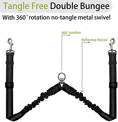 Kelivi Double Dog Lead, Dual Lead for Dogs No Tangle with Two Padded Handle & Car Seat Belt Buckle, 360° Swivel Heavy Reflective Adjustable Bungee Double Dog Leash for Walking Medium Large Dog (Black)