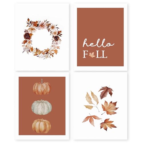HRQKO Fall Pumpkin Wall Art Poster Prints Set of 4, Burnt Orange Hello Fall Artwork Posters Wall Decor, Fall Wall Decor, Fall Botanical Wall Art Prints for Home Bedroom Living Room 8”x10” Unframed