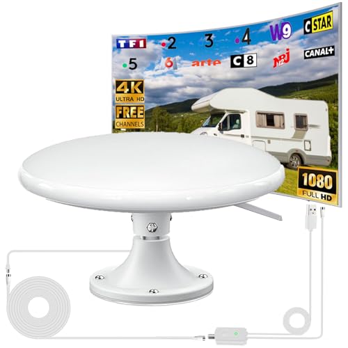 Antenne TV Exterieure/Intérieur Puissante HD 4K, Réception Omnidirectionnelle 360° Antenne TNT Exterieur, pour Camping Car, Caravane, Fourgon, Van, Camion,...