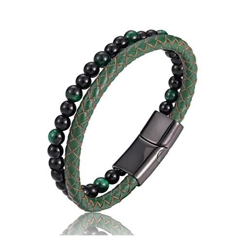 YPOSPDD Beaded Bracelet Natural Stone Genuine Leather Stainless Steel Closure Bangle for Men Women Charm Cuff Jewelry(A Green,22cm)