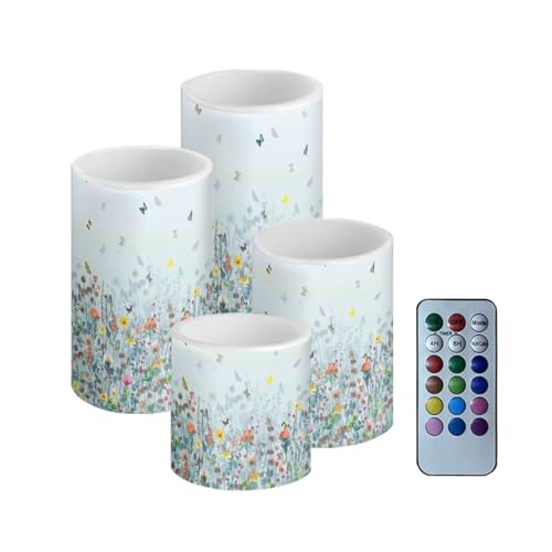 Image of Flameless LED Candles Electric Pillar Candles with Remote Timer Color Changing Control Long Lasting Pack of 4 for Table Centerpiece Home Indoor Decoration, Flower Butterfly Blue