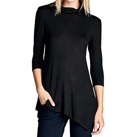Loving People Solid Turtle Neck 3/4 Sleeve Asymmetrical Hem Top, Small, Black Cover