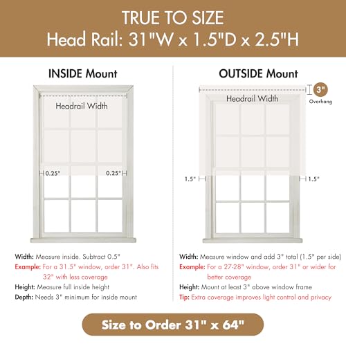 Madison Park Cordless Roman Shades, Total Blackout Window Blind Privacy Window Shades, Thermal Insulated Cordless Window Treatment for Bedroom, Living Room, Quincy, Single Panel 31" W X 64" H Linen