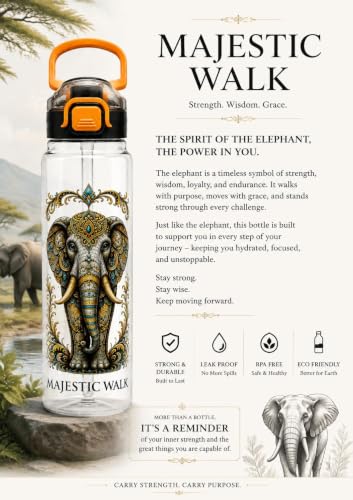 Image of Majestic Walk Elephant Printed Water Bottle 1 Litre with Straw & Gulp Drinking