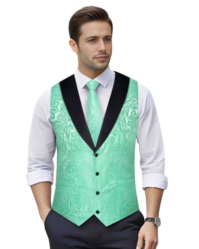 Image of DiBanGu Mens Paisley Suit Vest Silk Jacquard Waistcoat and Necktie Set Formal Shawl Collar Dress Vest 7PCS for Wedding Party