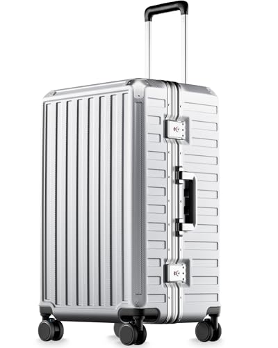 Image of Checked Luggage with Spinner Wheels, 8010S Aluminum Frame Zipperless Polycarbonate Hard Shell Suitcase (ZX-Core, Silver, 24 Inch)