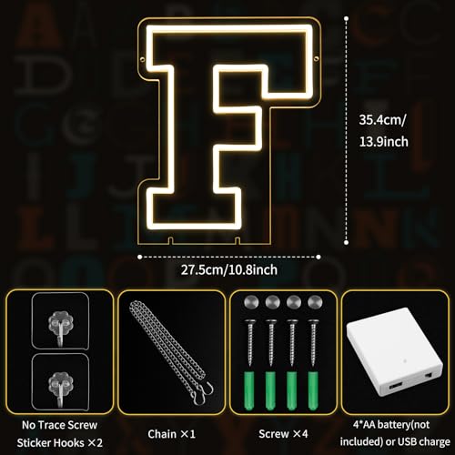 Image of Light Up Letters F, Led Marquee Letter Lights Neon Sign, 13.9 inch Height Decorative Lighted Alphabet Number, Battery /USB Powered Led Letters Lights for Wedding, Birthday, Party, Christmas or Home Decor
