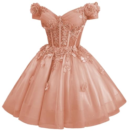 Image of Zhangyo Sparkly Tulle Homecoming Dresses for Teens Off Shoulder DAMA Dress | Sparkly Tulle Homecoming Dresses, for Teens, Off Shoulder DAMA Dresses for Quinceanera, 3D Butterfly Short Ball Gown