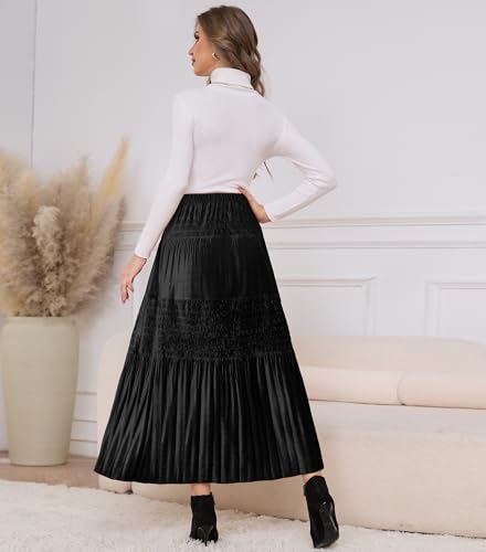 Women's Velvet Pleated Midi Skirt Elastic High Waist Fall Winter Tiered A-Line Party Long Skirts2