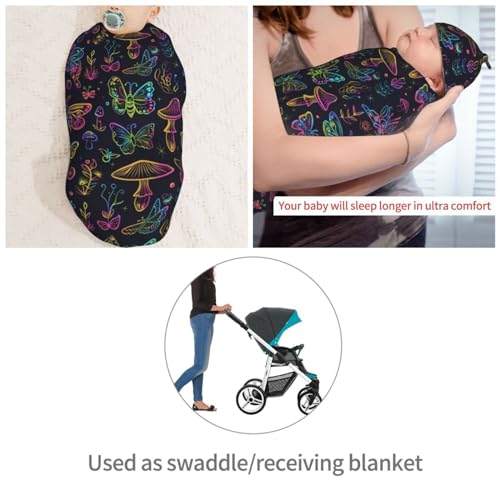 Image of Neon Night Butterflies Mushroom Newborn Swaddle Blankets Hat Sets Soft Baby Receiving Blanket Swaddle Sack for Baby Shower Infant Boy Girl Gift