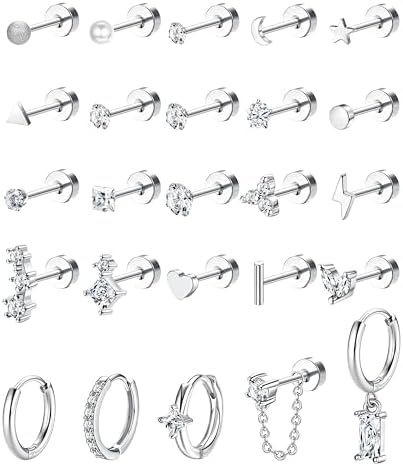 YADOCA 25pcs Hypoallergenic Flat Back Earrings 20G Cartilage Tragus Conch Piercing Jewelry Surgical Stainless Steel Flatback Stud Earrings For Women Small Hoop Earring Set for Multiple Piercing Gold/Silver(𝐒𝐢𝐧𝐠𝐥𝐞 𝐄𝐚𝐫𝐫𝐢𝐧𝐠𝐬 𝐍𝐨𝐭 𝐀 𝐏𝐚𝐢𝐫)