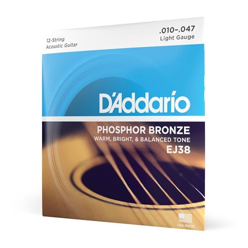 D'Addario Acoustic Guitar Strings, Phosphor Bronze, EJ38, Light Gauge 10-47, 12-String Set, Pack of 1