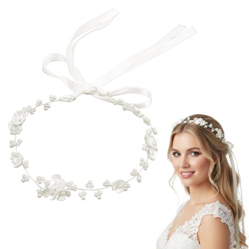 Haarschmuck Kommunion Mädchen Blumenmädchen Kopfschmuck Stirnband Prinzessin Blumenkranz Haare Weiß Perle Haarreifen Kopfbedeckung Blumen Haarkranz mit Band für Braut Damen Fotografie Hochzeit Zubehör