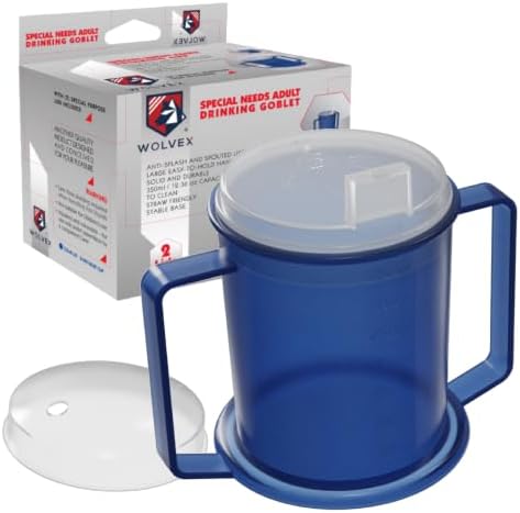 Wolvex 350ML Adult Drinking Cup Beaker with Handles & Anti Spill lids for Disabled Adults Dishwasher and Microwave Safe BPA, PVC and Latex Free