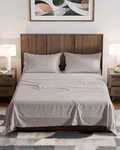 Image of Olympic Queen Sheet Set 66 inch x 80 inch - RV Olympic Queen Sheets - Light Grey | Soft, Cooling, Comfy & Breathable, 1 Flat, 1 Fitted & 2 Pillowcases w / 14 inch to 16 inch Deep Pockets, Wrinkle Resistant & Fade Free