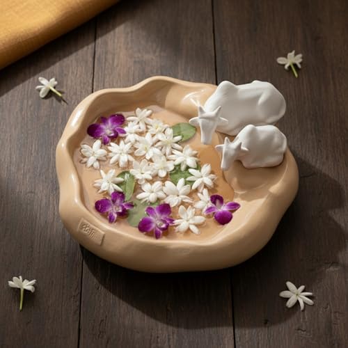 eCraftIndia Pair of Cow Statue Urli Bowl for Home Decoration Office Tv Unit (Resin Light Brown) Showpiece for Good Luck Urli for Floating Candles Flowers.