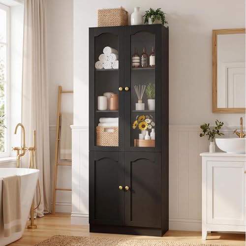 Image of Cyclysio 80 inch Tall Pantry Cabinet with 8 Doors, Black Kitchen Pantry Storage Cabinet with Built-in Baseboard Notch & Adjustable Shelves - Kitchen Storage Cabinet for Dining, Living Room, Office