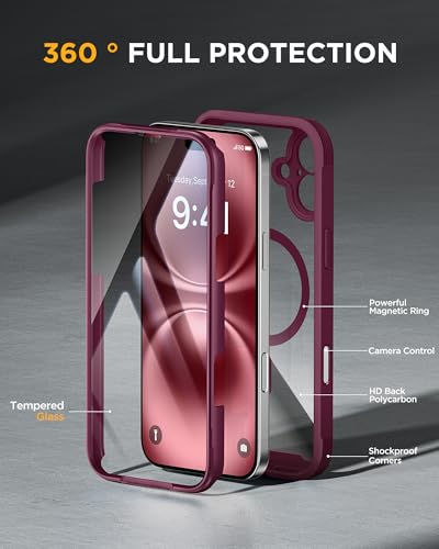 Image of Miracase Magnetic for iPhone 16 Plus Case Full-Body Phone with Built-in Glass Screen Protector, [Compatible with MagSafe] Military Drop Proof 16 Plus Cover 6.7 inch, Plum