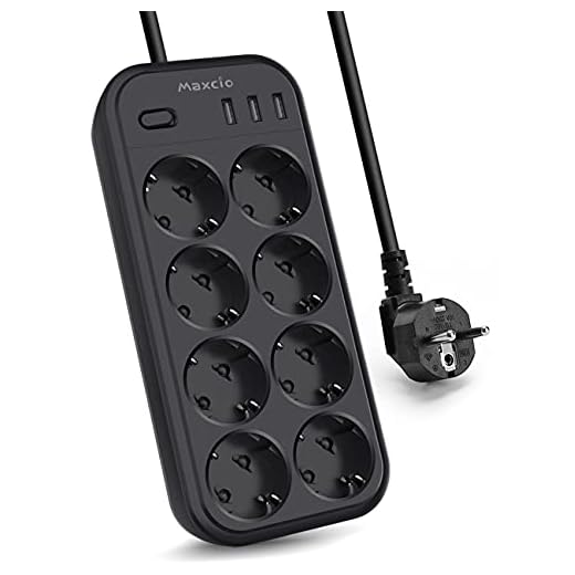 Regleta Enchufes con 8 Tomas (16A/4000W) y 3 Puertos USB (3,1A/5V), Maxcio Alargador Enchufe USB con 2M Cable, Protección contra Sobrecarga, Montable en Pared, Base Enchufe USB Multiple, Negro