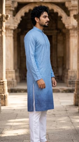 Image of Vardha Men's Cotton Chikankari Embroidered Kurta with Full Sleeves and Knee Length Design and Elegant Sequence Work | Kurta for Men